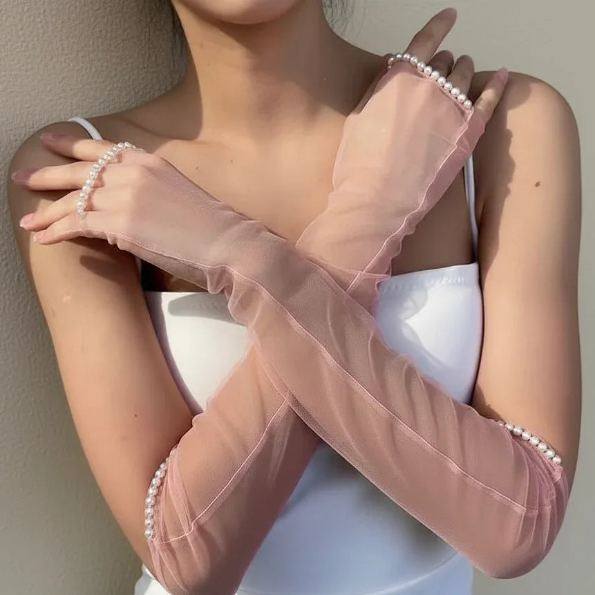 Pink Sheer Pearl Trim Gloves – Fingerless Opera Style