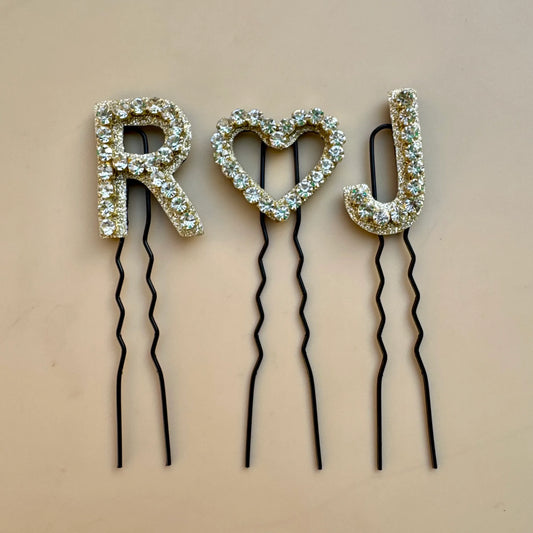 Custom Name Initials with Heart Hair Pin Set