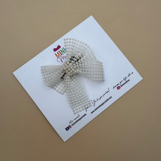 White Pearl Grid Bow Hair Clip