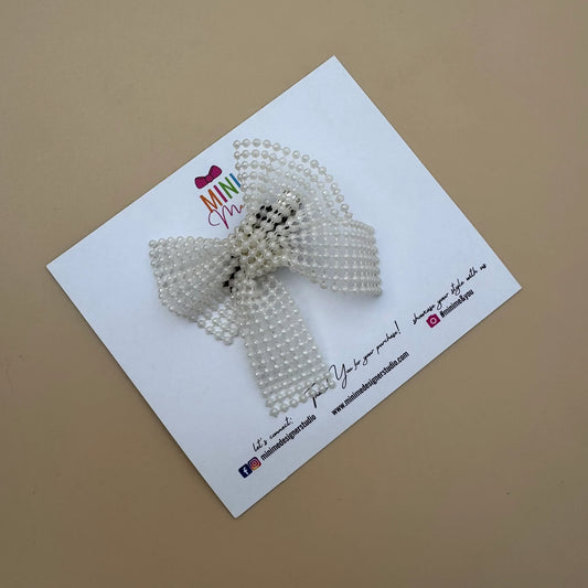White Pearl Grid Bow Hair Clip