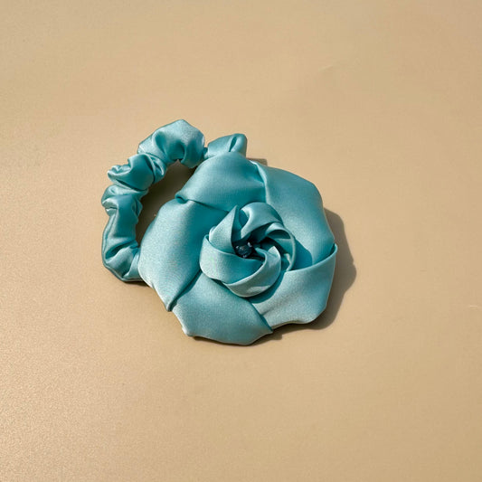 Aqua Satin Scrunchie with Detachable Flower Brooch