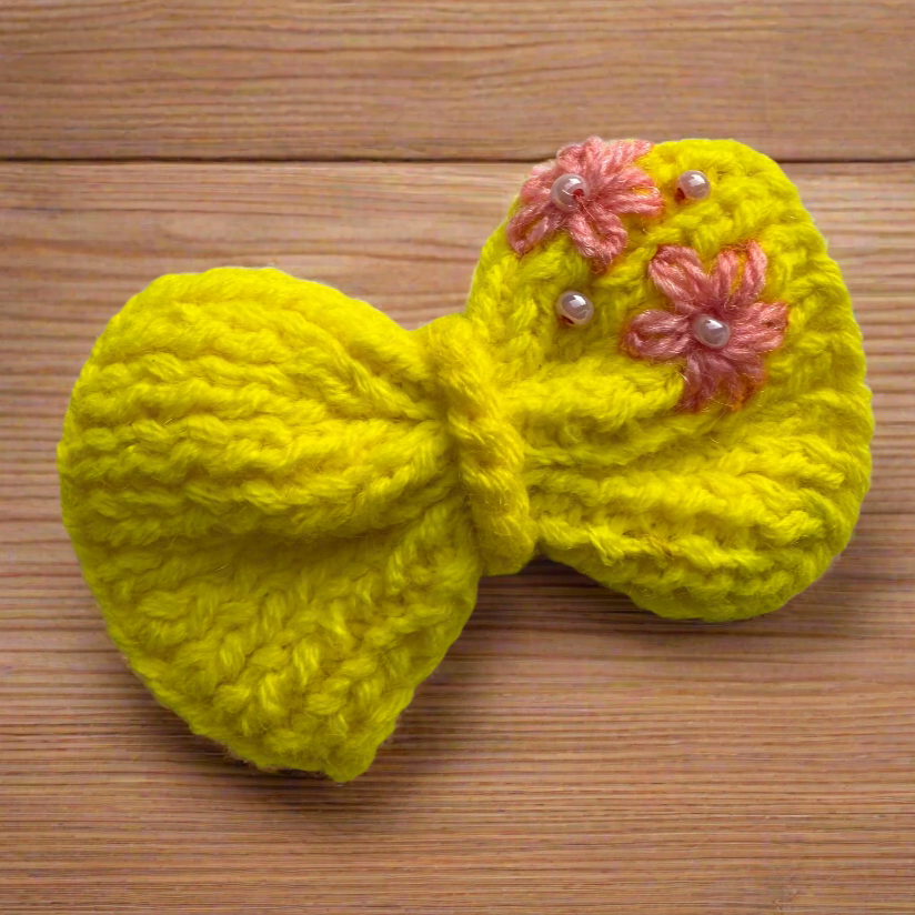 Handmade Yellow Crochet Bow with Pink Floral Embroidery