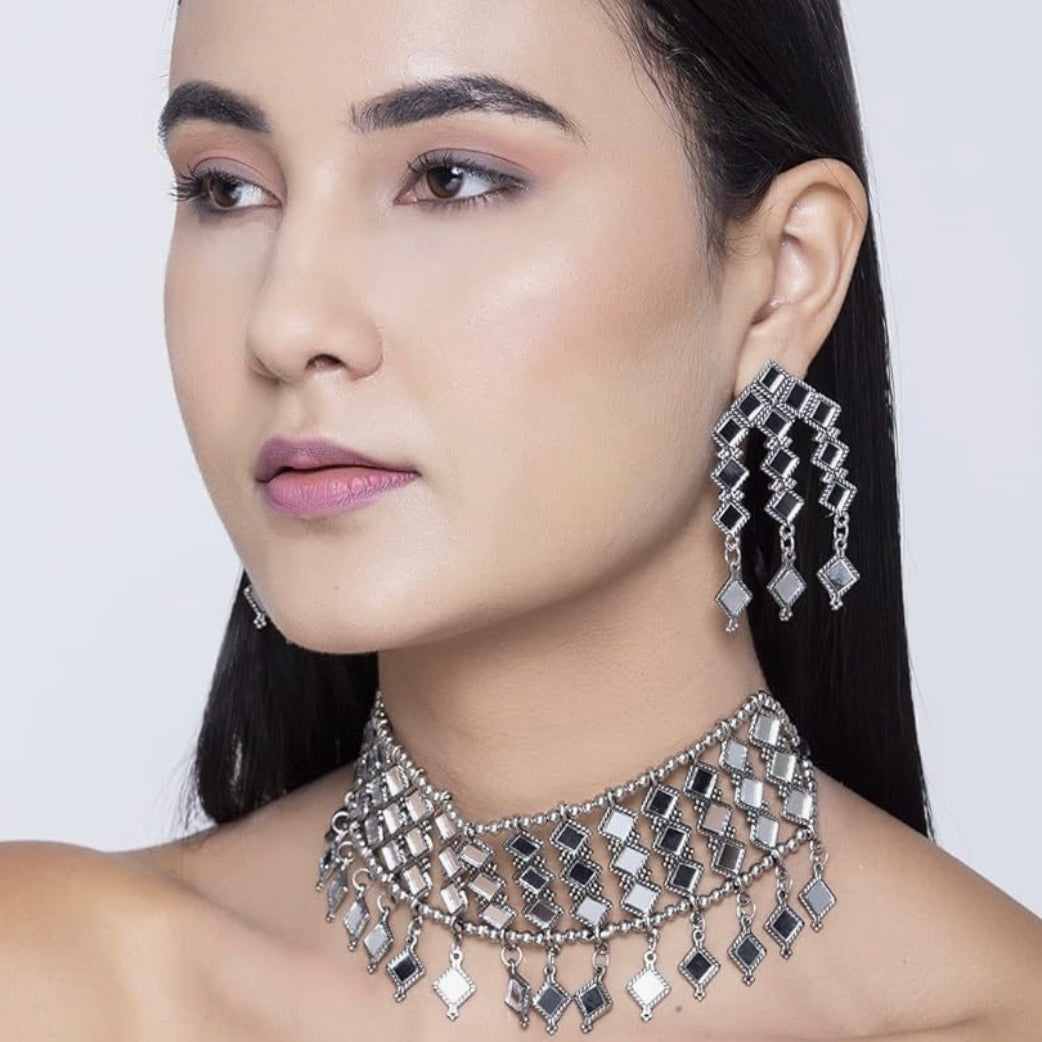 Oxidized Silver-Plated Mirror Studded Choker Jewelry set