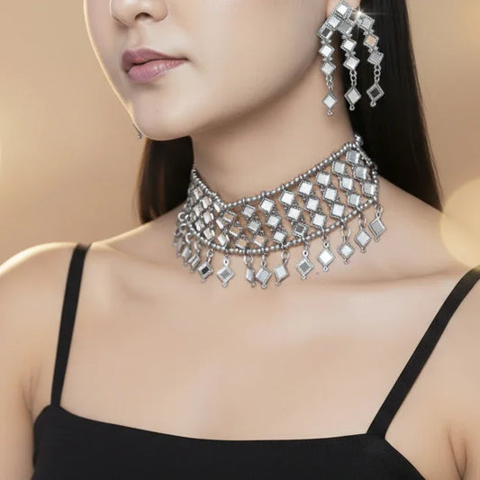 Oxidized Silver-Plated Mirror Studded Choker Jewelry set