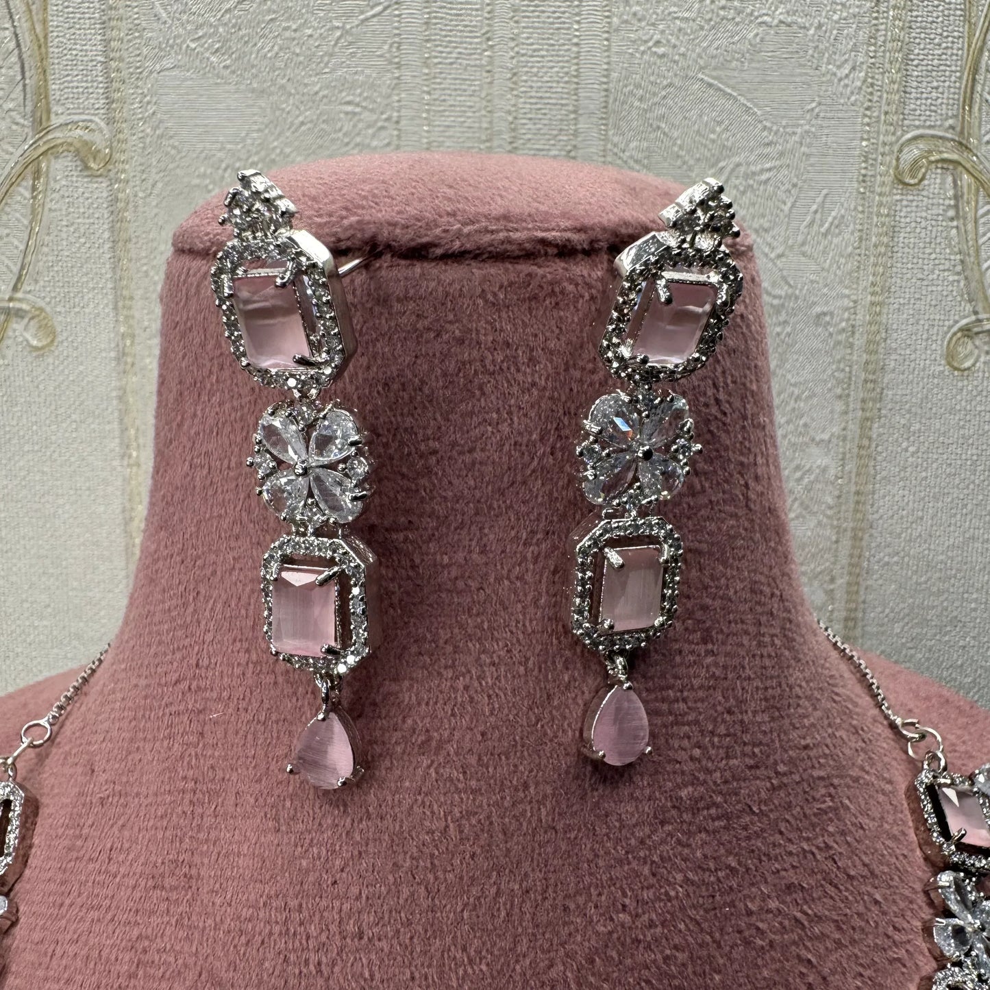 Blush Radiance Rhodium-Plated American Diamond Jewelry Set