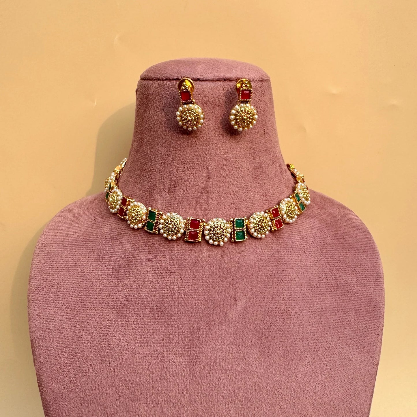 Pearl-Edged Polki Kundan Necklace Set in Gold, Red & Green