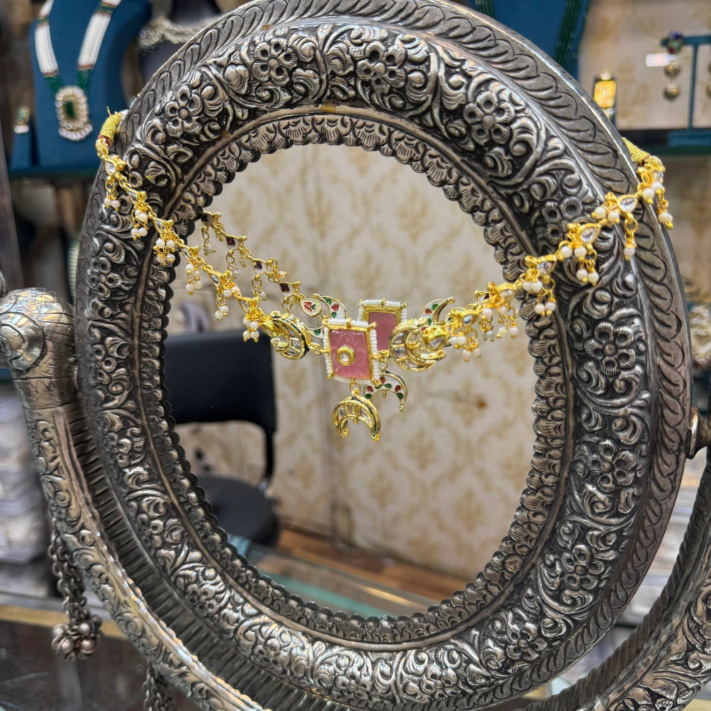 Gold Plated Chaand Motif Necklace with Kundan Accents