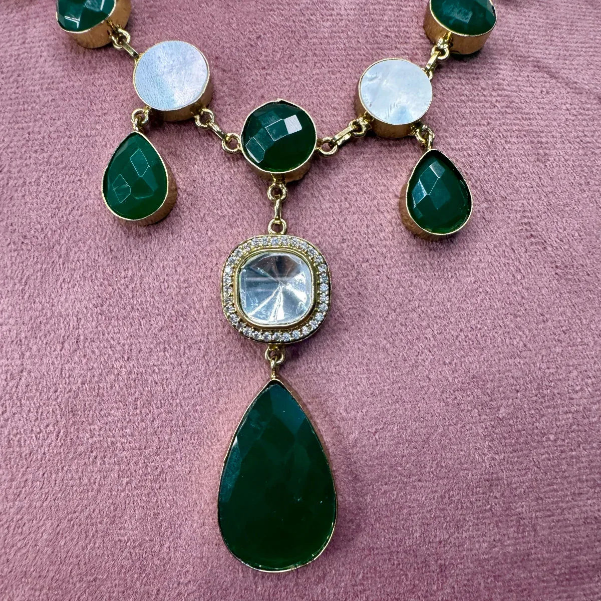 Emerald Green Stone & Kundan Necklace & Earrings Set