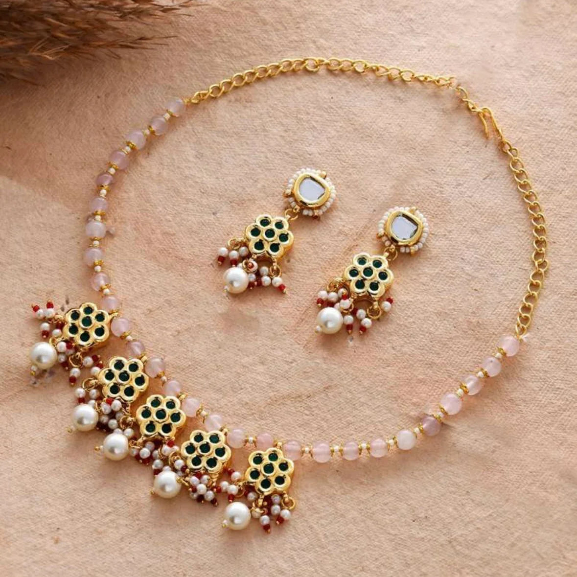 Floral Charm Kundan Necklace & Earrings Set