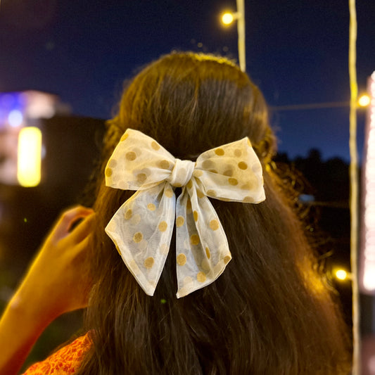 White and Tan Polka Dots Bow Hair Clip