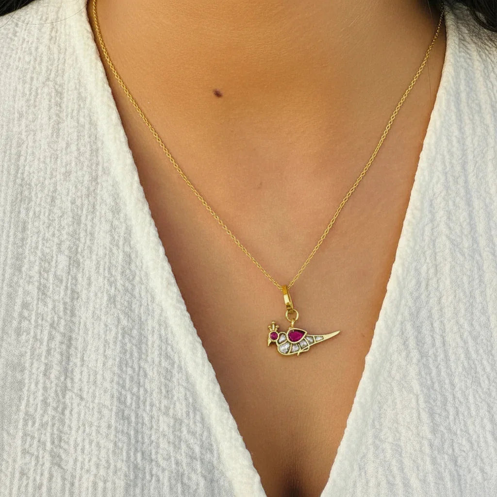 Chiriya Pendant Necklace – Elegant Bird Motif in Meenakari Enamel
