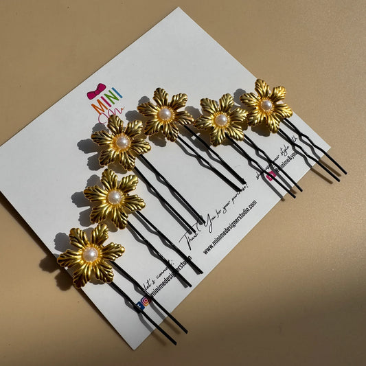 Mini Golden Flower Pearl Hair Pins