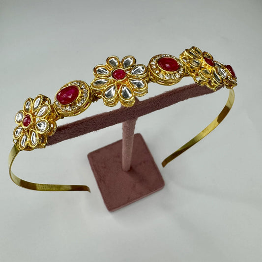 Golden Polki Ruby Kundan Flower Hairband