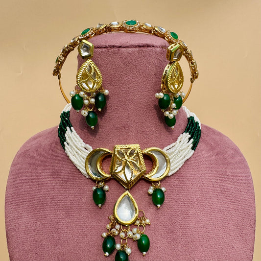 Noor-e-Nazaakat Kundan Beaded Set (Necklace, Earrings & Headband)