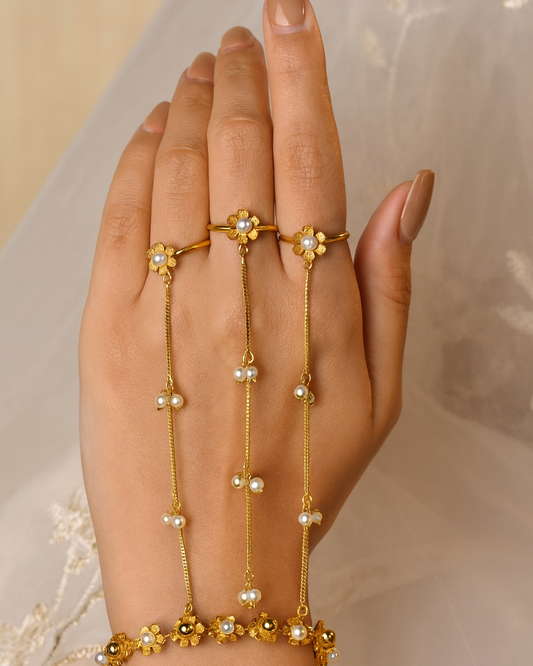 Gold Floral Pearl Haathphool Hand Jewelry (Single Piece)