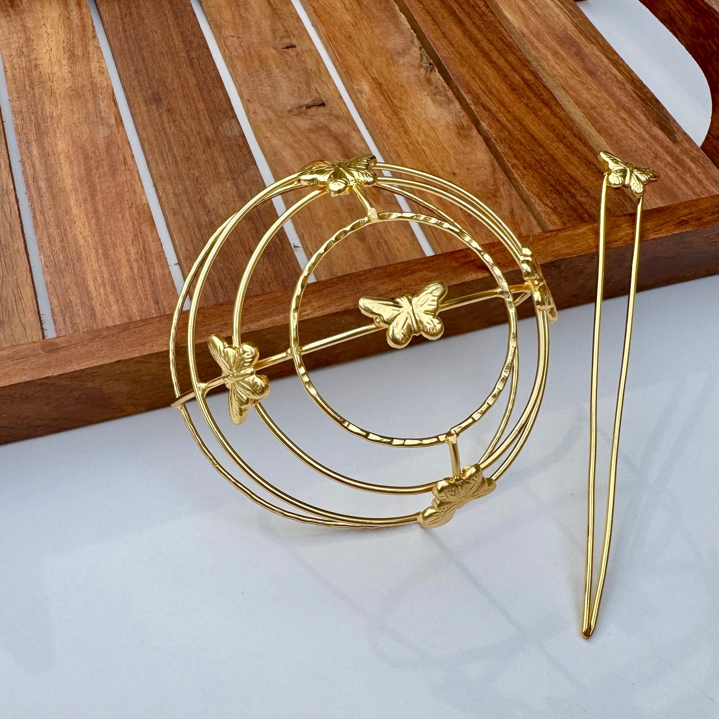 Brass Butterfly Bun Cage Hair Accessory – Elegant Gold Bun Holder