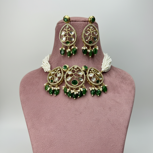 Pearl Beaded Green Choker Necklace & Earrings Set