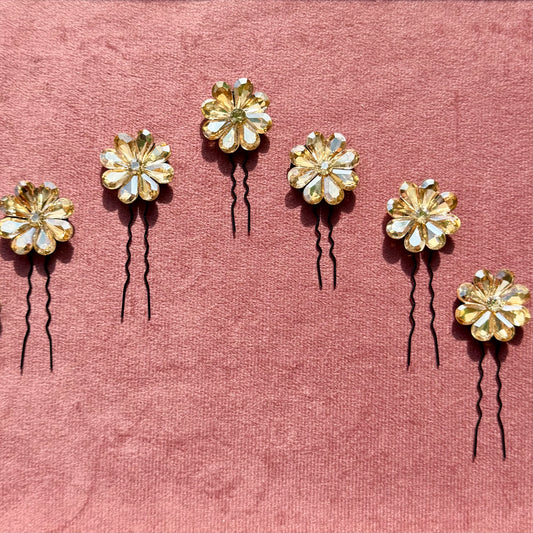 Golden Crystal Flowers Pins - Set of 6
