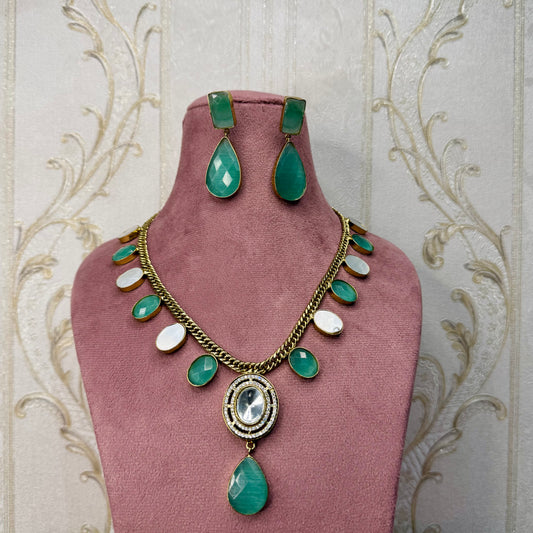 Green Stone Statement Necklace & Earrings Set