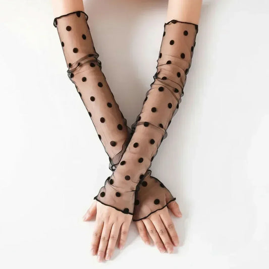 Black Sheer Polka Dot Mesh Arm Gloves | Elegant Women’s Accessory