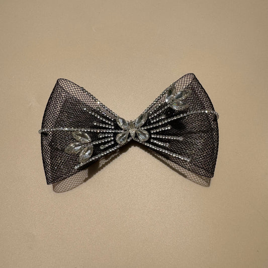 Black Rhinestone Sparkle Mesh Bow Hair Clip