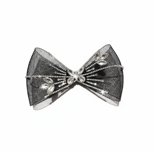 Black Rhinestone Sparkle Mesh Bow Hair Clip