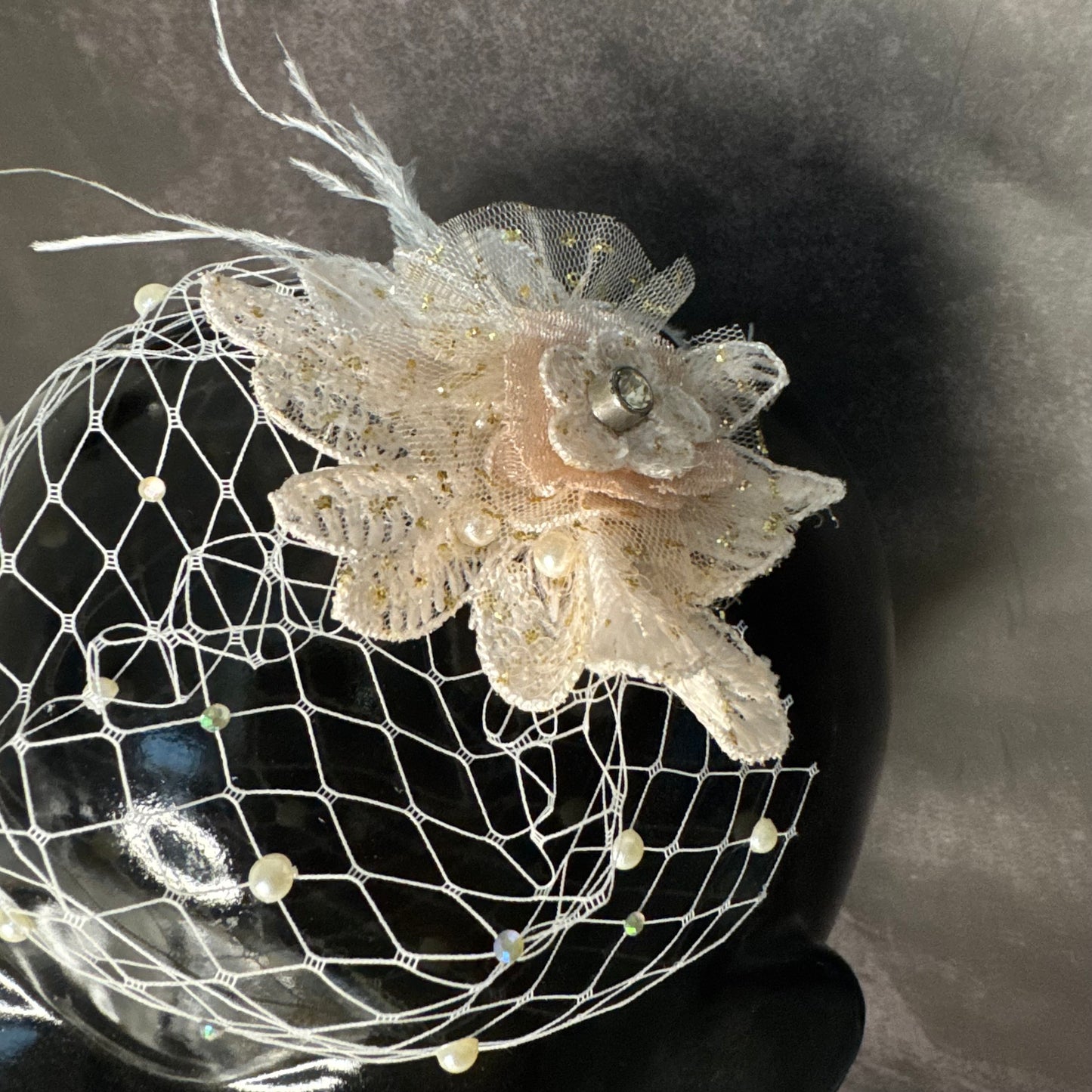 Blush Pink Veil Fascinator with Floral Lace and Pearls