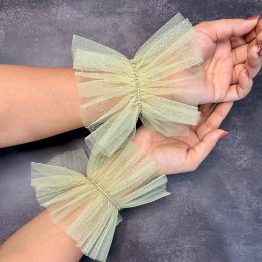 Pastel Green Ruffle Bracelet Cuff Gloves with Rhinestone Detailing