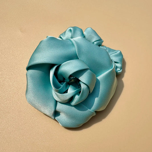 Aqua Satin Scrunchie with Detachable Flower Brooch