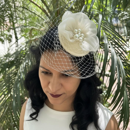 Aurielle Ivory Disc Fascinator with Birdcage Veil