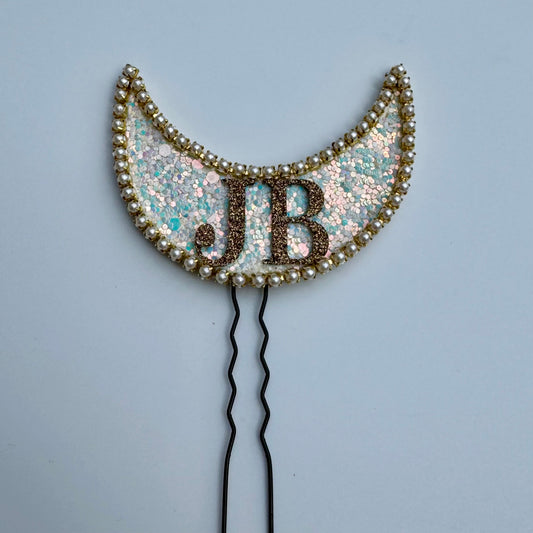 Pearl-Edged Crescent Moon Hair Pin (with Couple Initials)