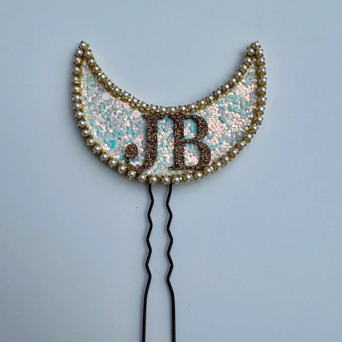 Pearl-Edged Crescent Moon Hair Pin (with Couple Initials)