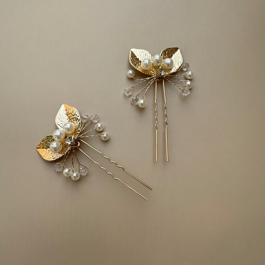 Gold Leaf Pearl Bridal Hair Pins - Set of 2