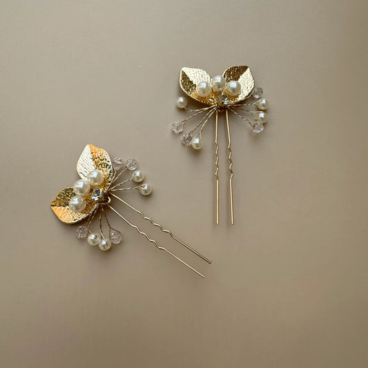 Gold Leaf Pearl Bridal Hair Pins - Set of 2