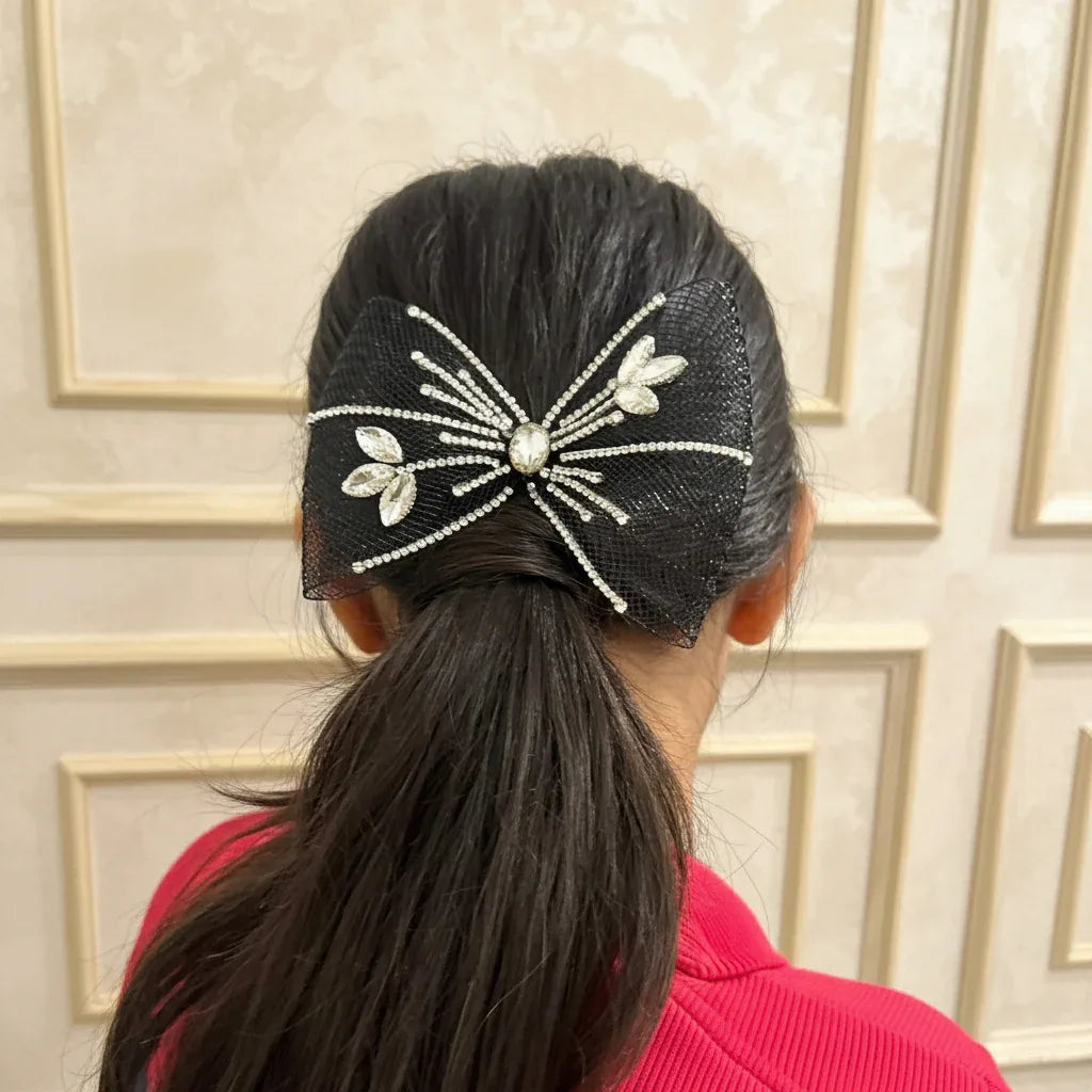 Crystal Bloom Black Mesh Hair Bow Clip
