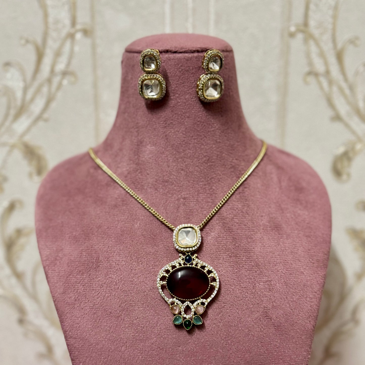 Regal Ruby & Kundan Pendant Necklace & Earrings Set