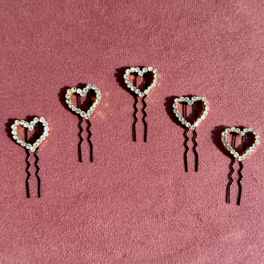 Crystal Heart Bride Hair Pins - Set of 5
