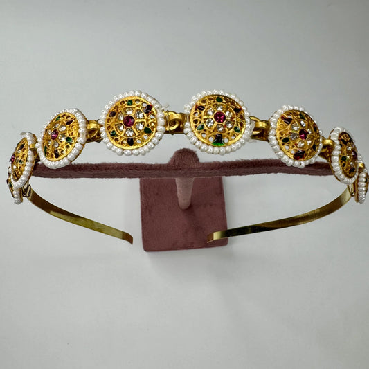 Pearl & Multicolor Kundan Round Motif Hairband