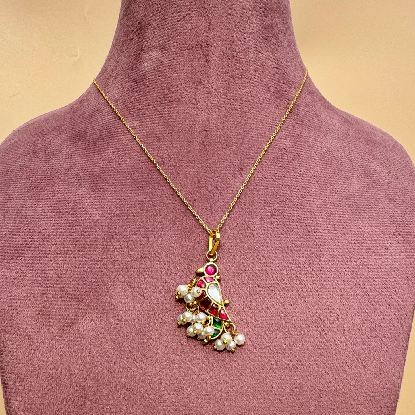 Morni Pendant Golden Necklace & Earrings Set - Pink, Green