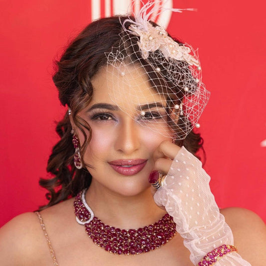 Blush Pink Veil Fascinator with Floral Lace and Pearls