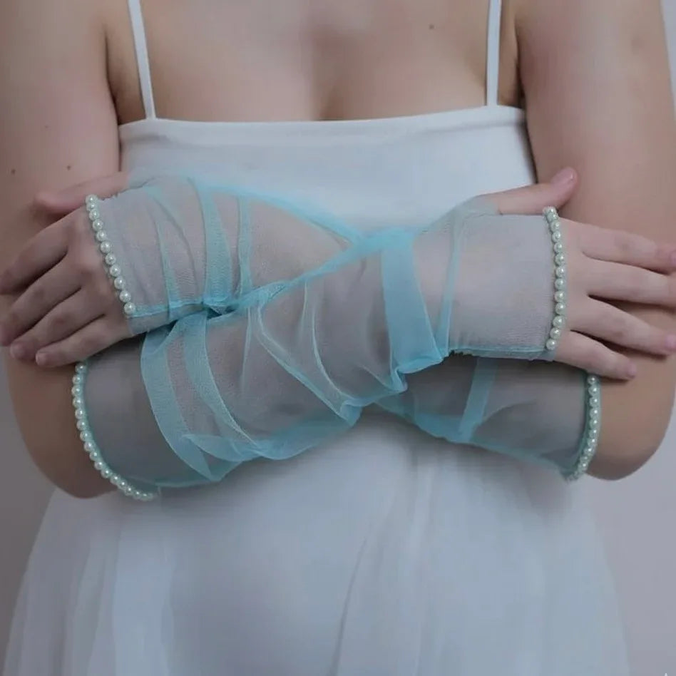 Sky blue Sheer Pearl Trim Gloves – Elegant Mesh Opera Gloves