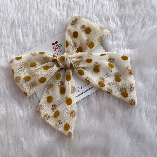 White and Tan Polka Dots Knotted Bow Hair Clip