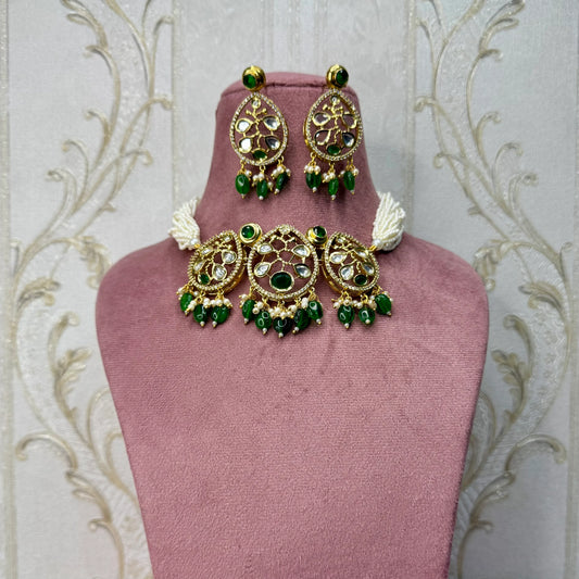 Pearl Beaded Green Choker Necklace & Earrings Set