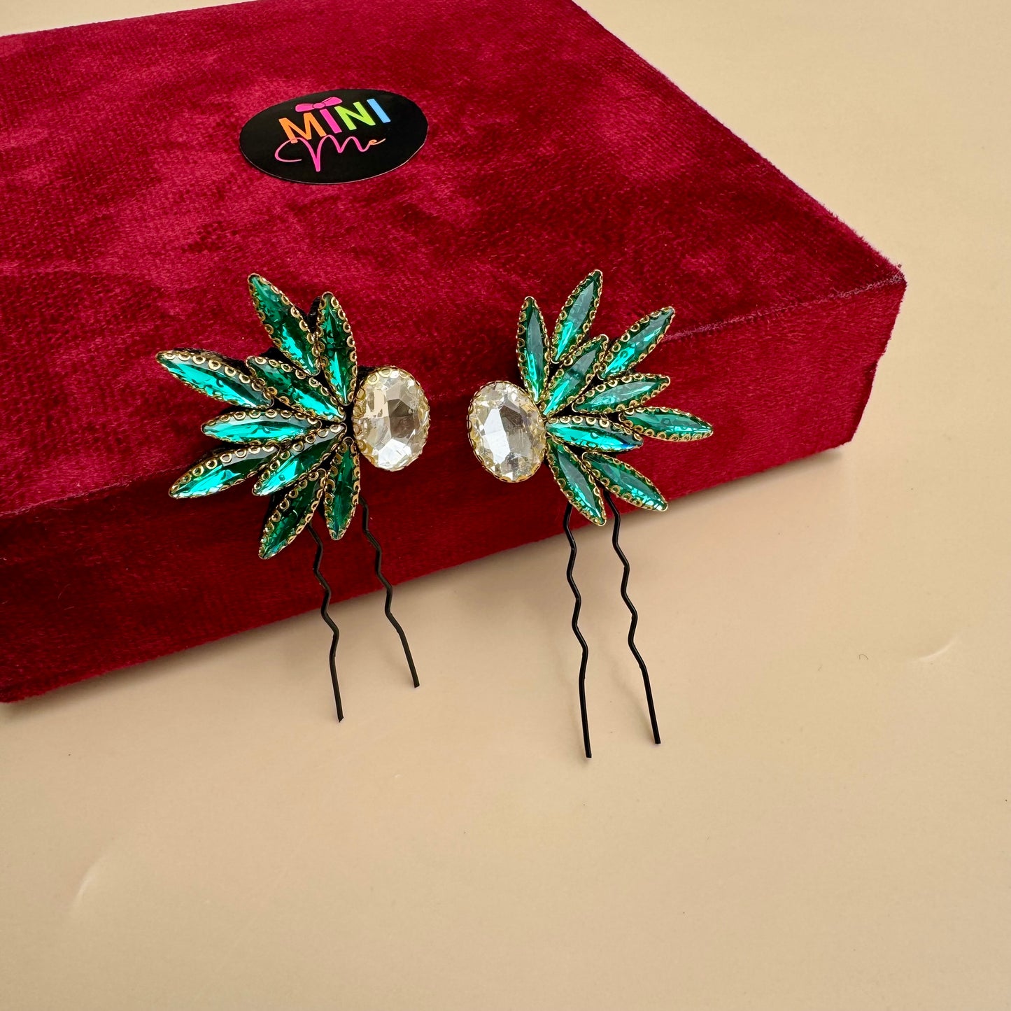 Emerald Green Winged Hair Pin Set (Mirror Pair - 2 Pins)