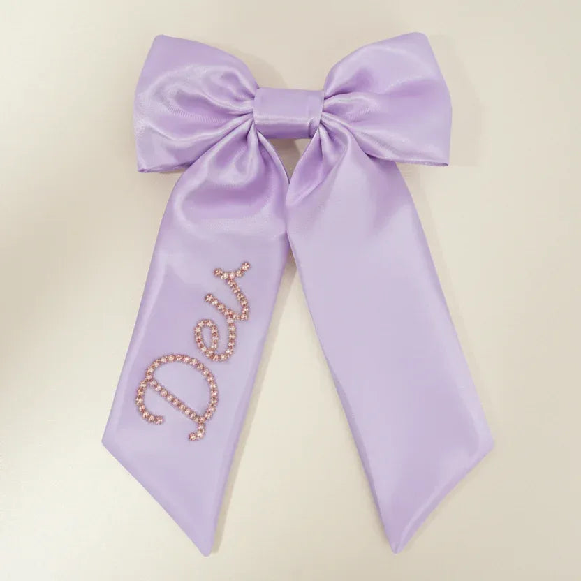 Lavender Custom Rose Gold Crystal Name Satin Hair Bow