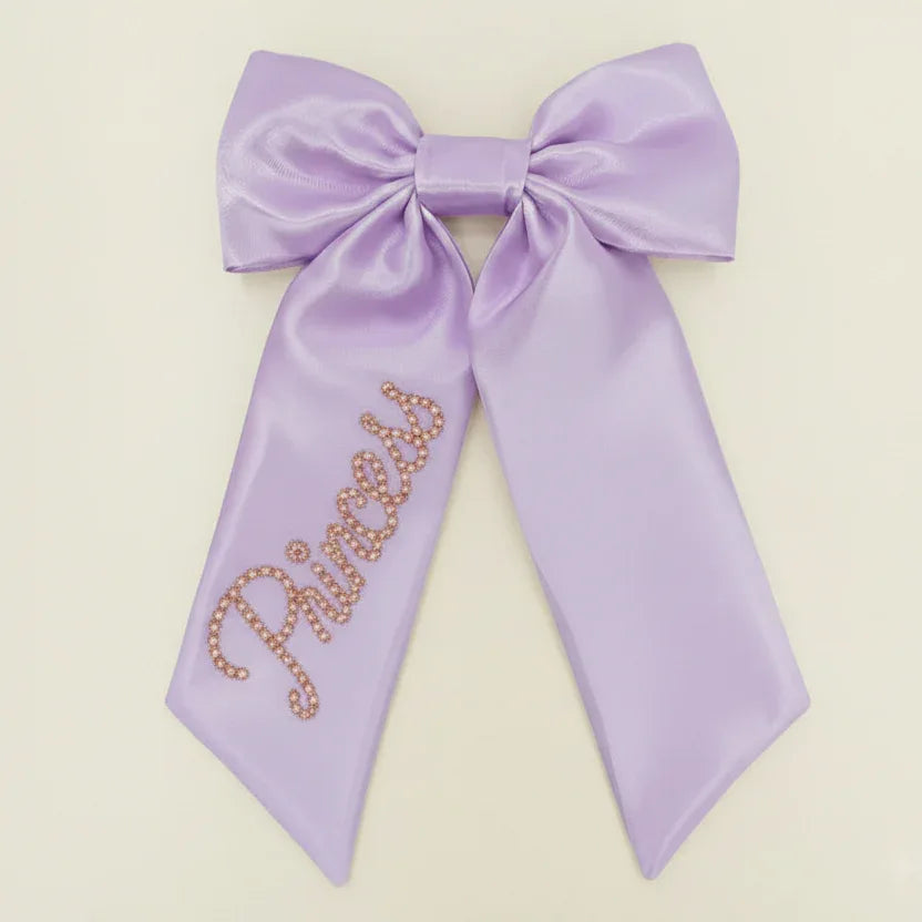 Lavender Custom Rose Gold Crystal Name Satin Hair Bow