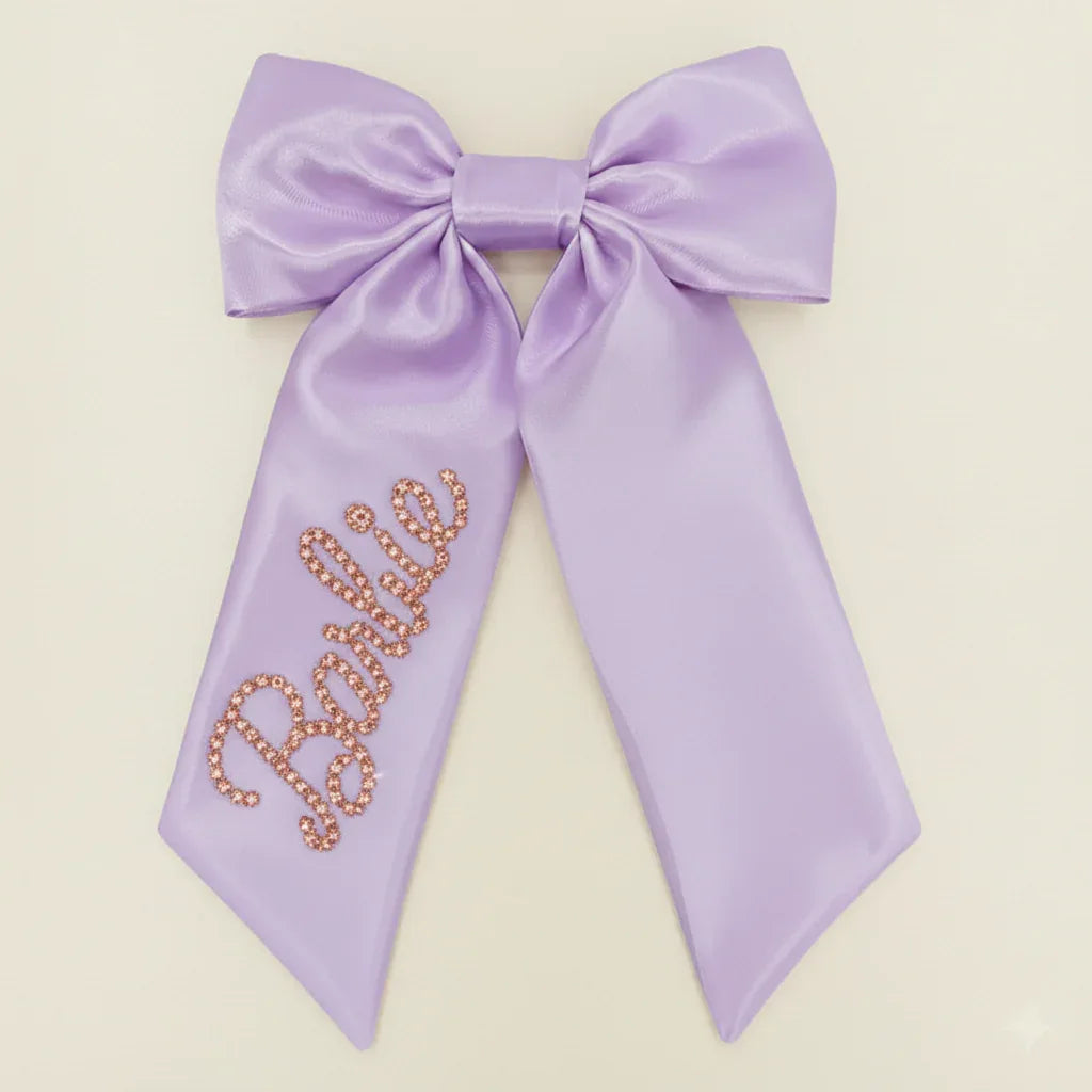 Lavender Custom Rose Gold Crystal Name Satin Hair Bow