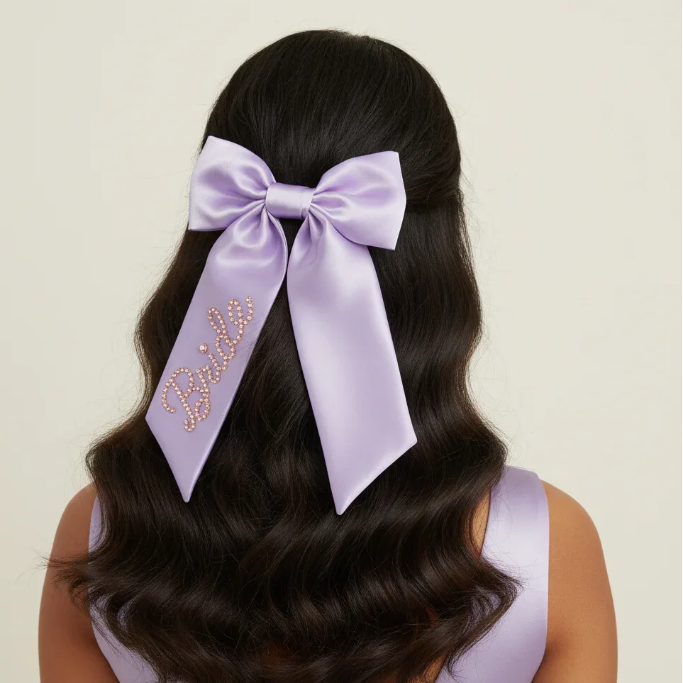 Lavender Custom Rose Gold Crystal Name Satin Hair Bow