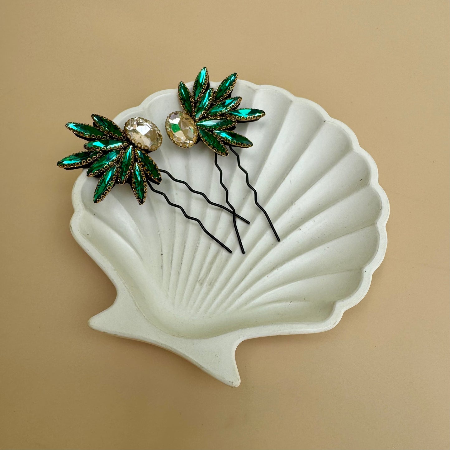 Emerald Green Winged Hair Pin Set (Mirror Pair - 2 Pins)