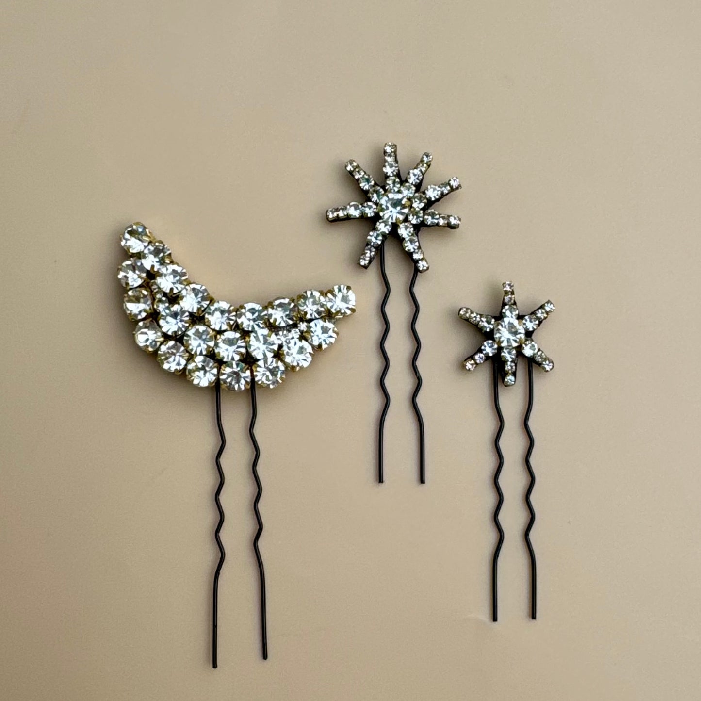 Moon & Star Rhinestone Bun Pin Set – Stardust Dreams Hair Jewelry